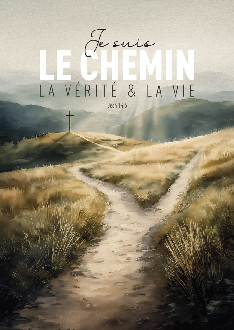 Affiche chrétienne d'une illustration d'un chemin séparé en deux avec le verset jean 14:6