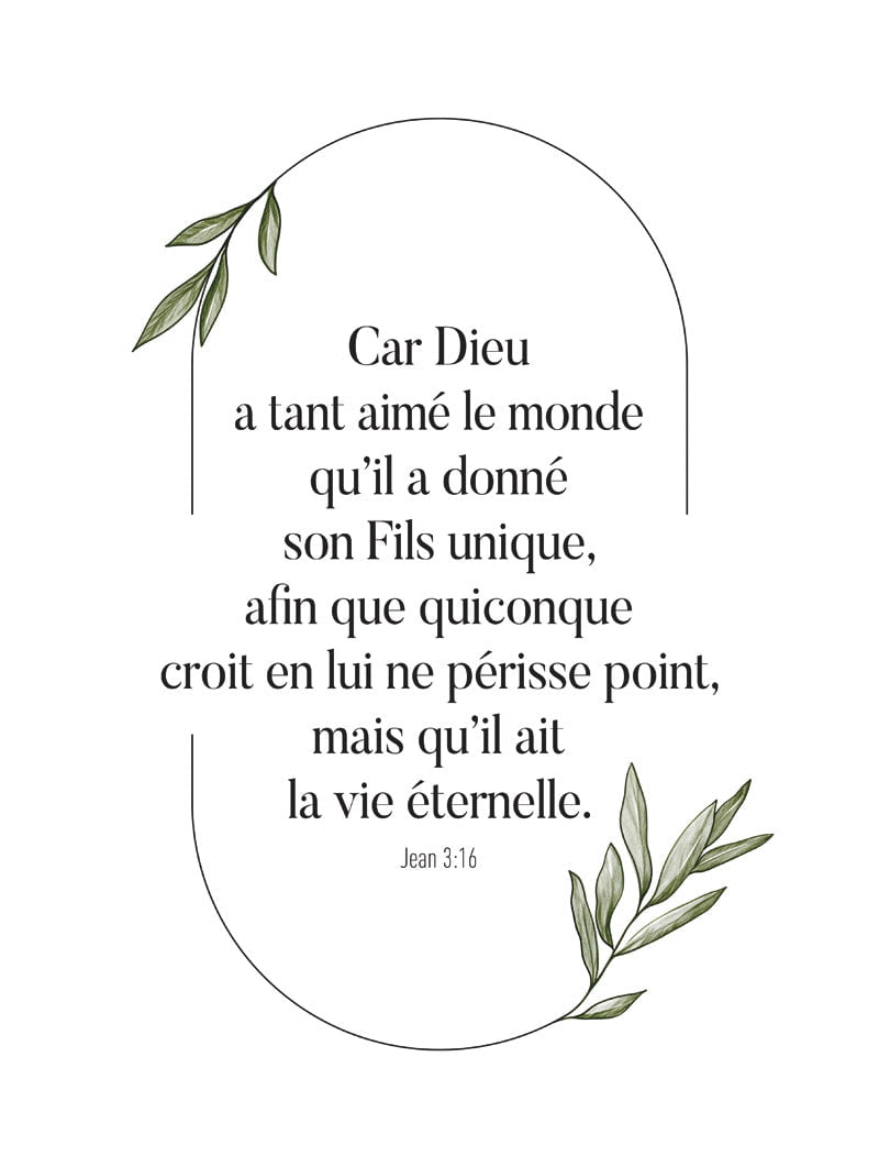 Format 30x40cm du poster chrétien "car Dieu a tant aimé le monde" entouré de branches d'olivier