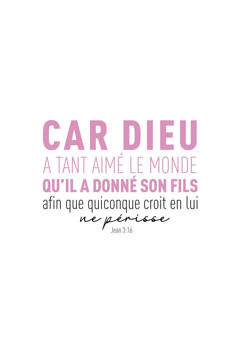 Affiche citation verset de la bible Jean 3:16 en typographie rose et noir sur fond blanc