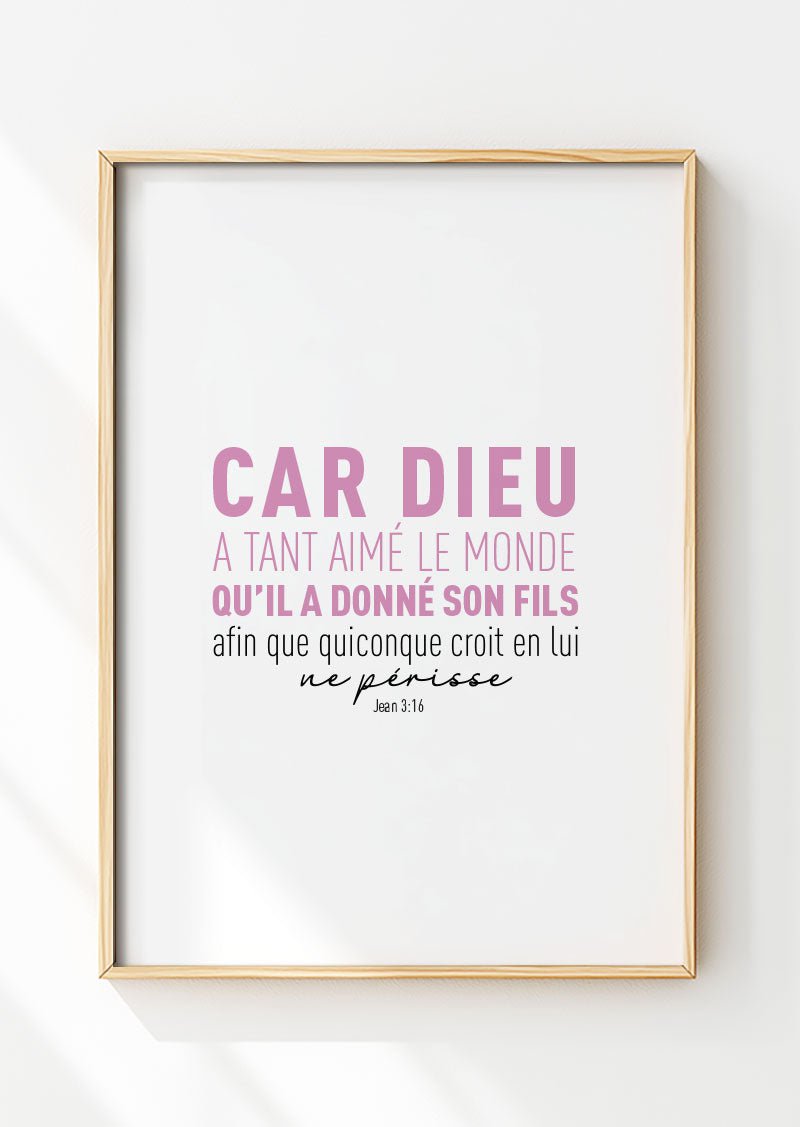 Affiche chrétienne verset Jean 3:16 version rose et noir dans un cadre en bois