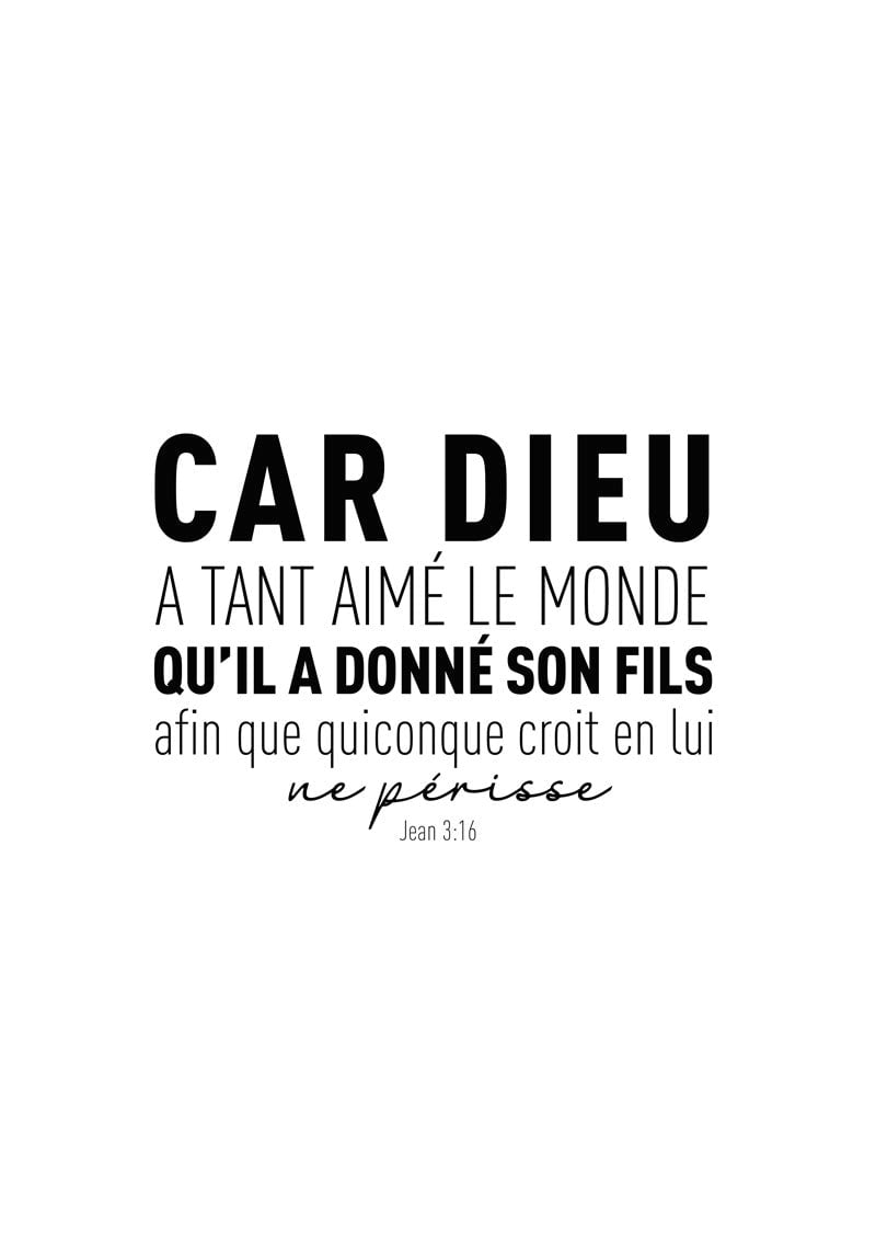 Affiche chrétienne verset de la bible Jean 3:16 en typographie noir sur blanc