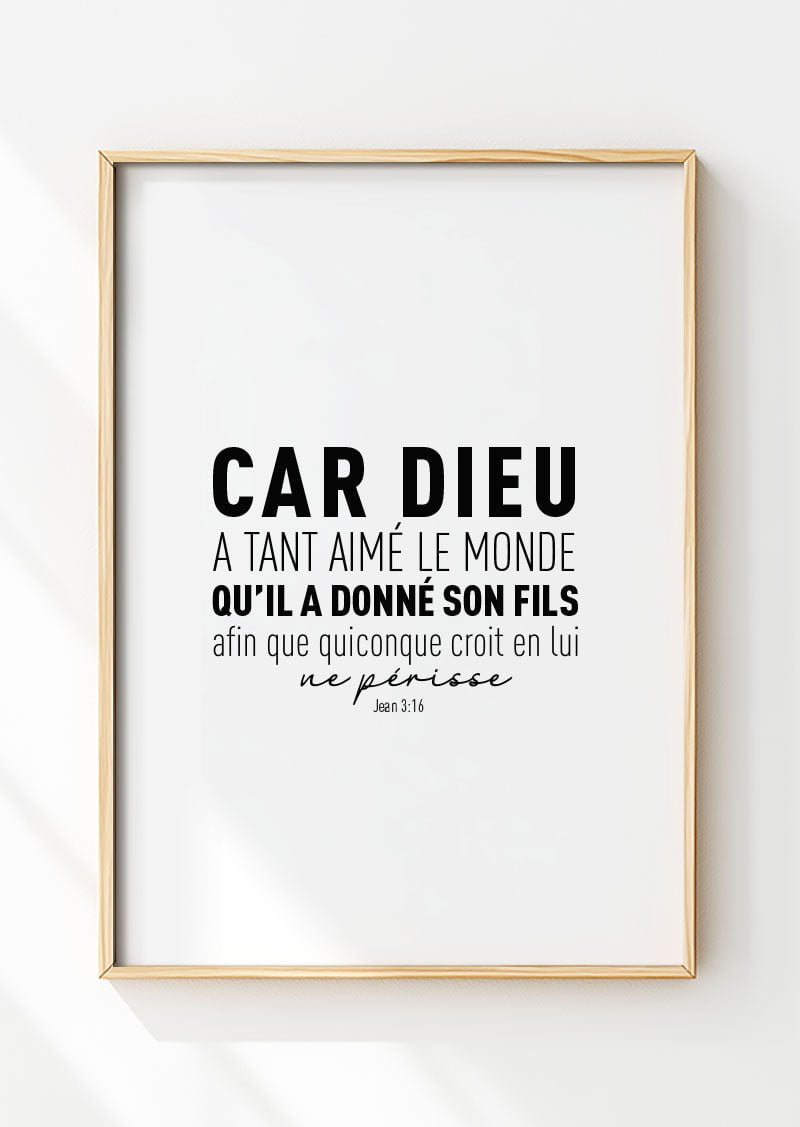 Affiche chrétienne verset Jean 3:16 dans un cadre en bois