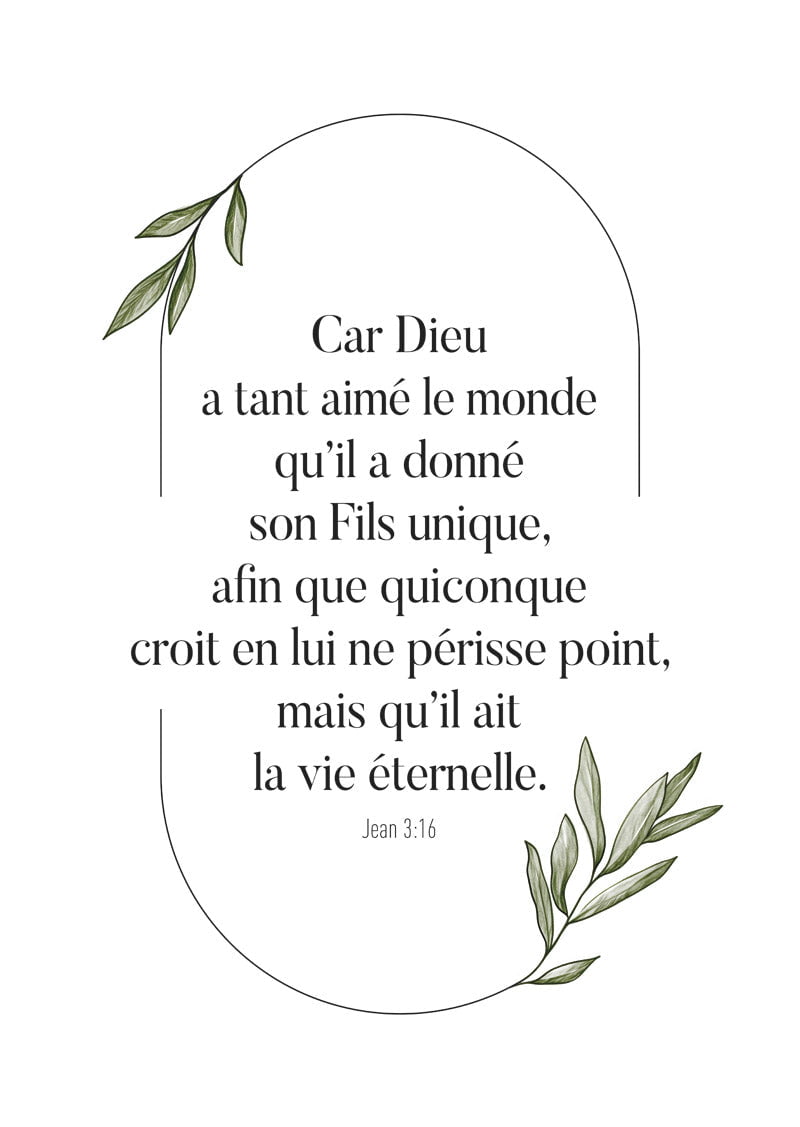 Affiche chrétienne du verset de jean 3:16 de la bible "car dieu a tant aimé le monde" avec des branches d'olivier