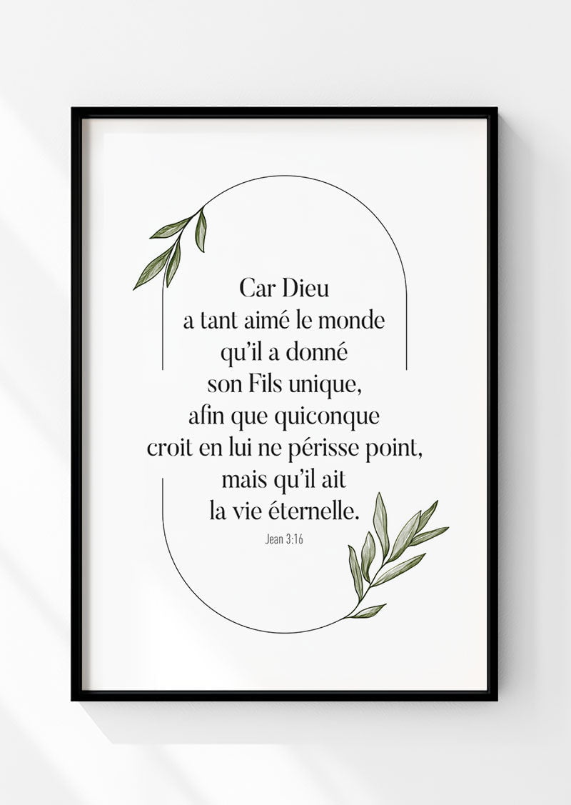 Affiche chrétienne du verset de jean 3:16 de la bible dans un cadre noir