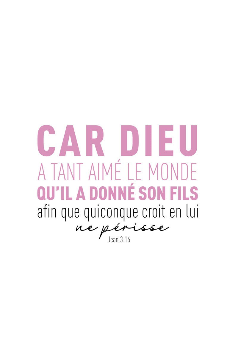 Affiche typographie bible Jean 3:16 en texte rose et noir format 40x60 cm