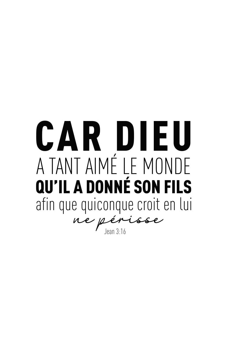 Affiche citation verset de la bible Jean 3:16 en typographie noir sur blanc en format 40x60 cm
