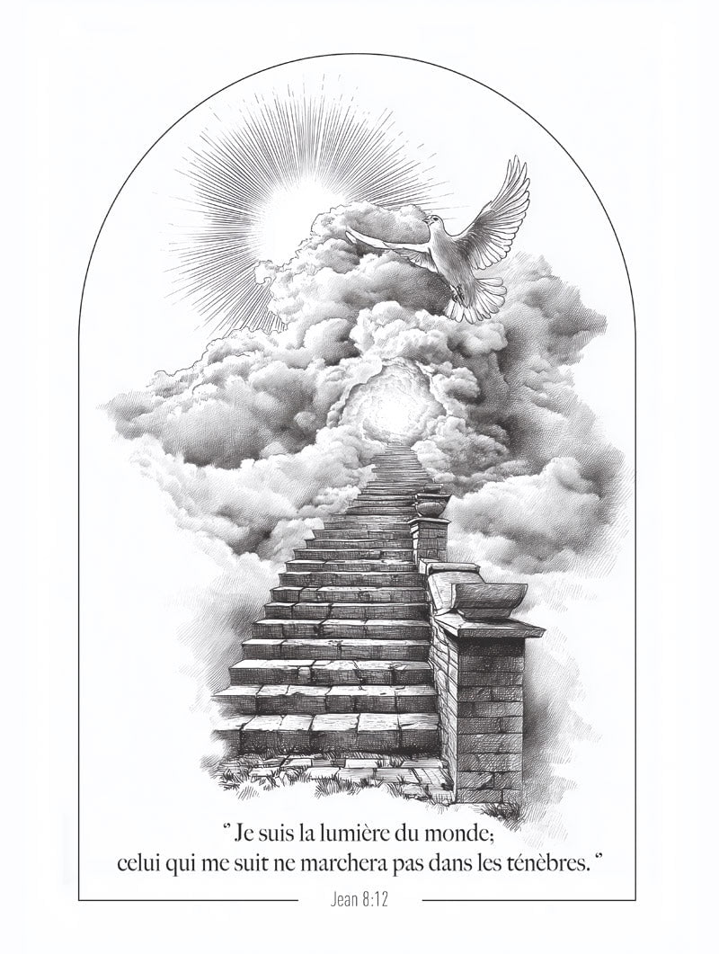 Poster chrétien d'un dessin à l'encre illustrant le chemin vers le paradis en format 30x40cm
