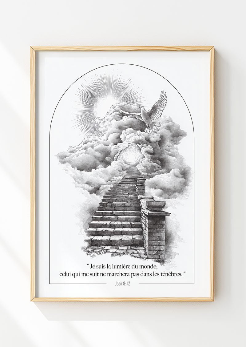 Affiche chrétienne d'un dessin à l'encre représentant le chemin vers le paradis, dans un cadre en bois