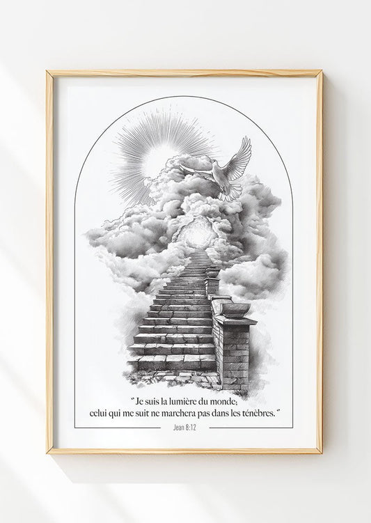 Affiche chrétienne d'un dessin à l'encre représentant le chemin vers le paradis, dans un cadre en bois
