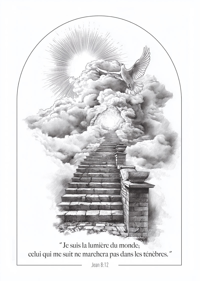 Affiche chrétienne illustrant des escaliers menant au paradis, avec une colombe, et le verset jean 8:12