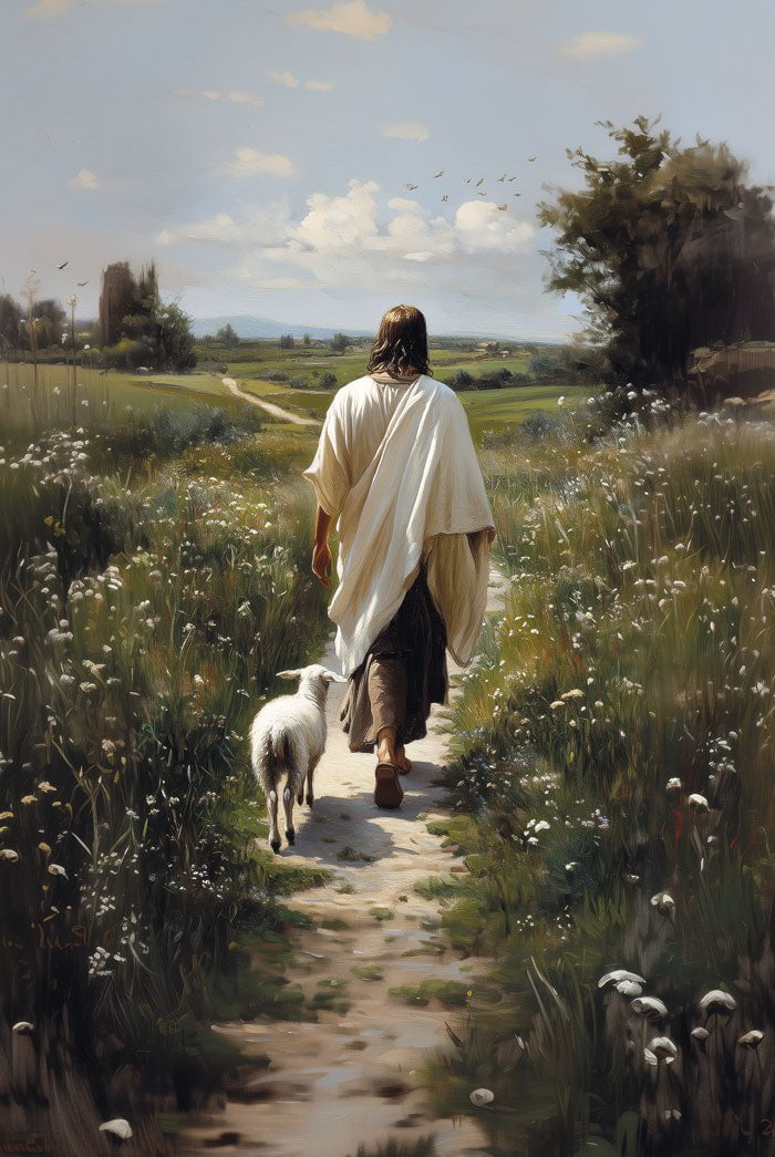 Poster chrétien le seigneur marchant avec son agneau dans un champ en format 20x30 cm