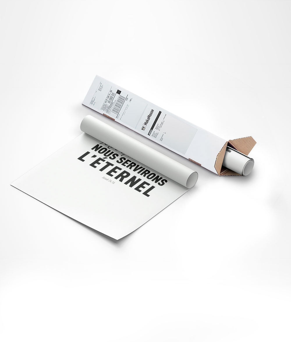 Affiche citation verset de la bible "nous servirons l'eternel" typo noir enroulée et mis dans un carton