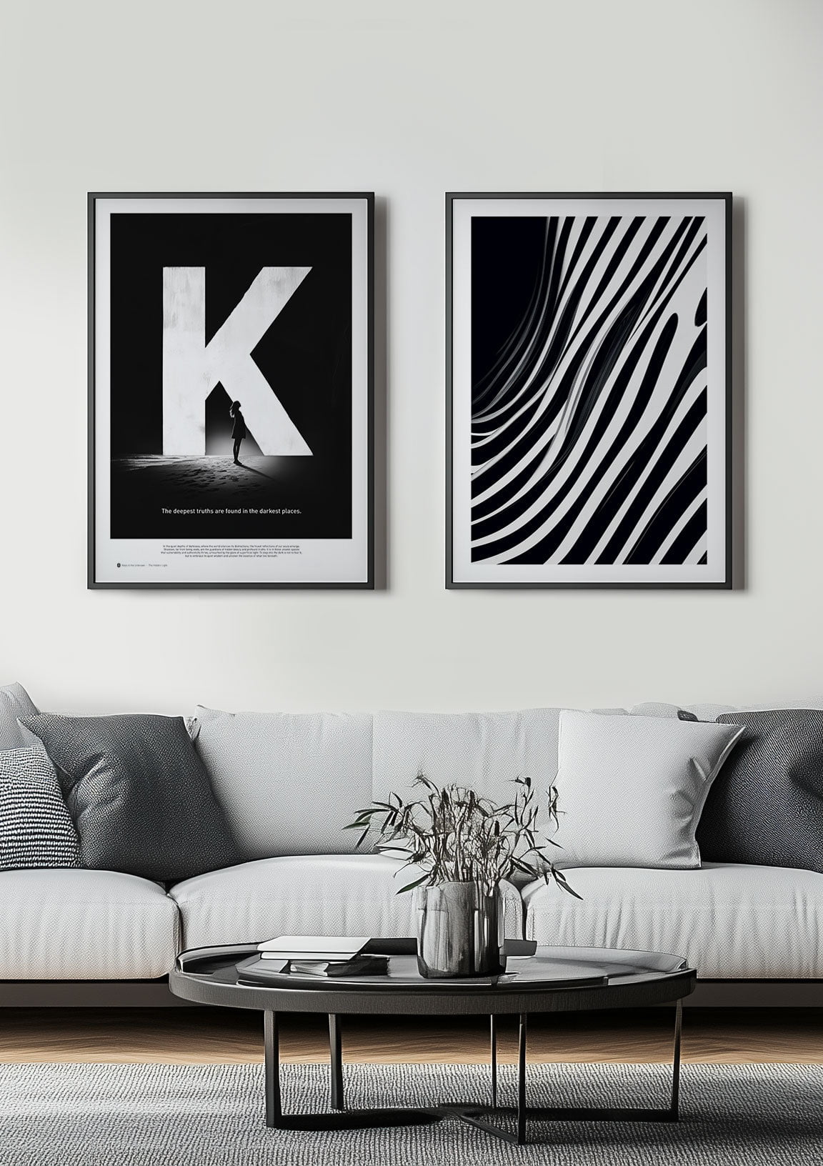 Affiche du poster avec la lettre K dans un cadre. Le cadre est posé sur un mur blanc, dans un salon.