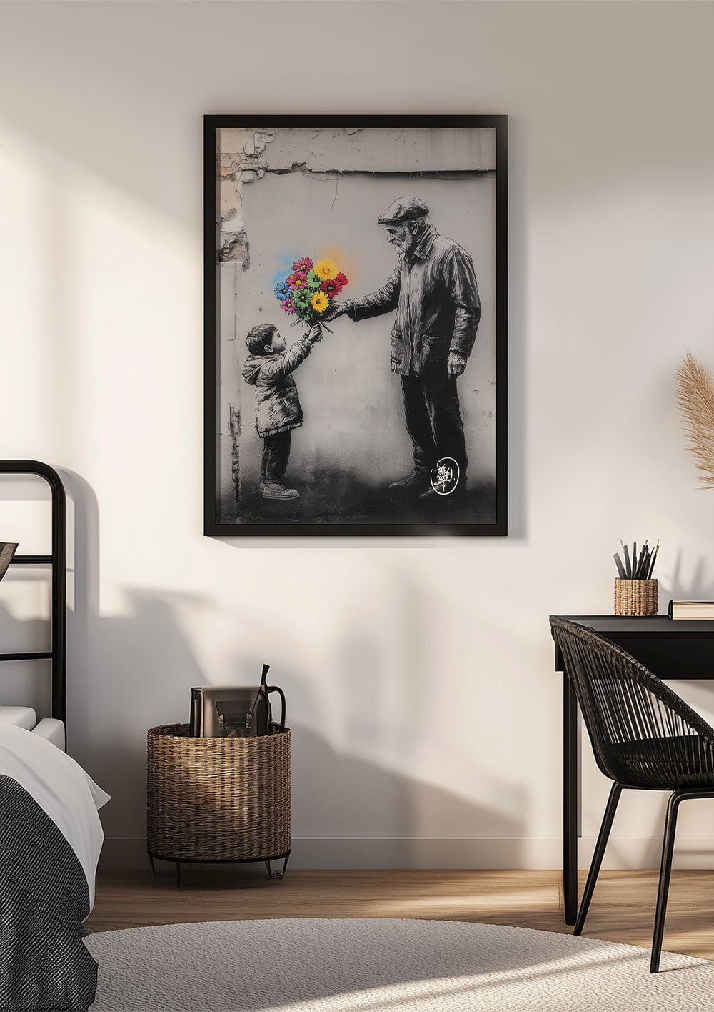 Affiche street art l'héritage du coeur inspirée de banksy, encadrée sur le mur d'une chambre.