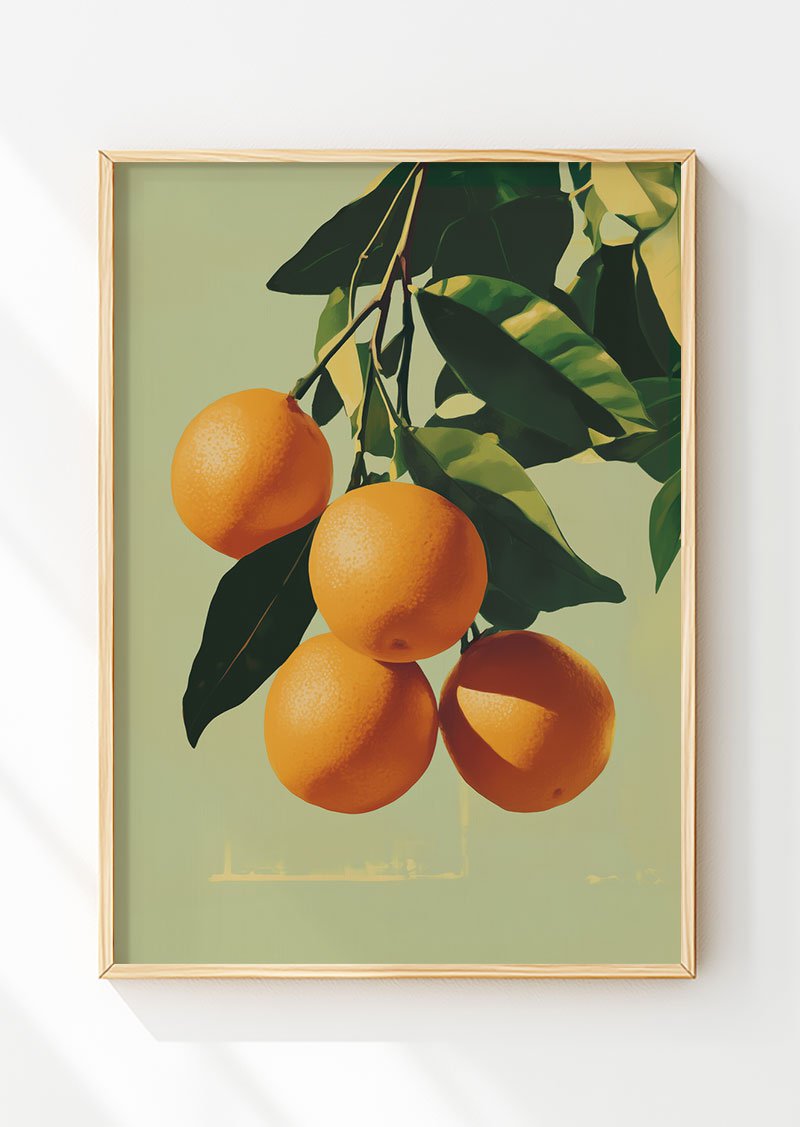 Poster Italie pour cuisine d'une peinture représentant des oranges sur fond vert sauge dans un cadre en bois