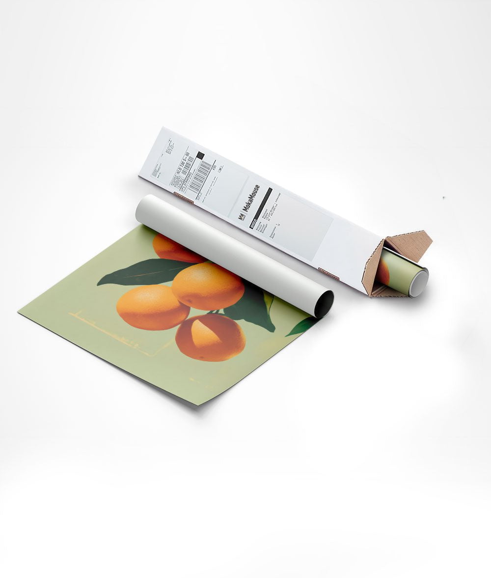 Affiche pour cuisine peinture d'oranges dans un carton triangulaire.