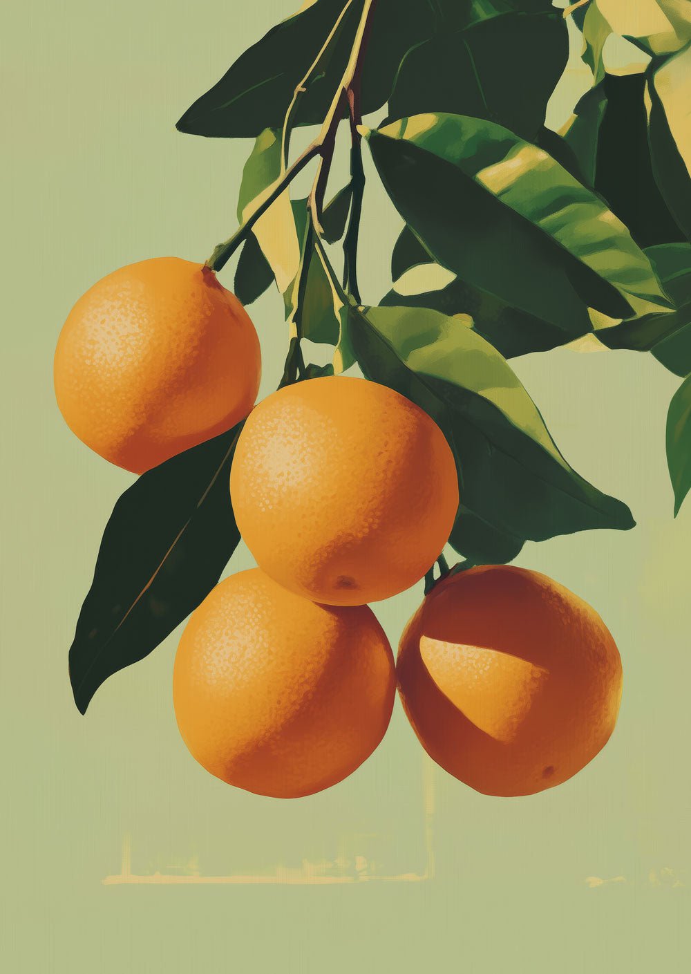 affiche pour cuisine peinture représentant des oranges sur fond vert sauge