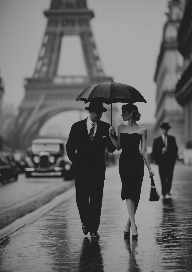 affiche photographie noir et blanc d'un couple se baladant dans paris sous un parapluie