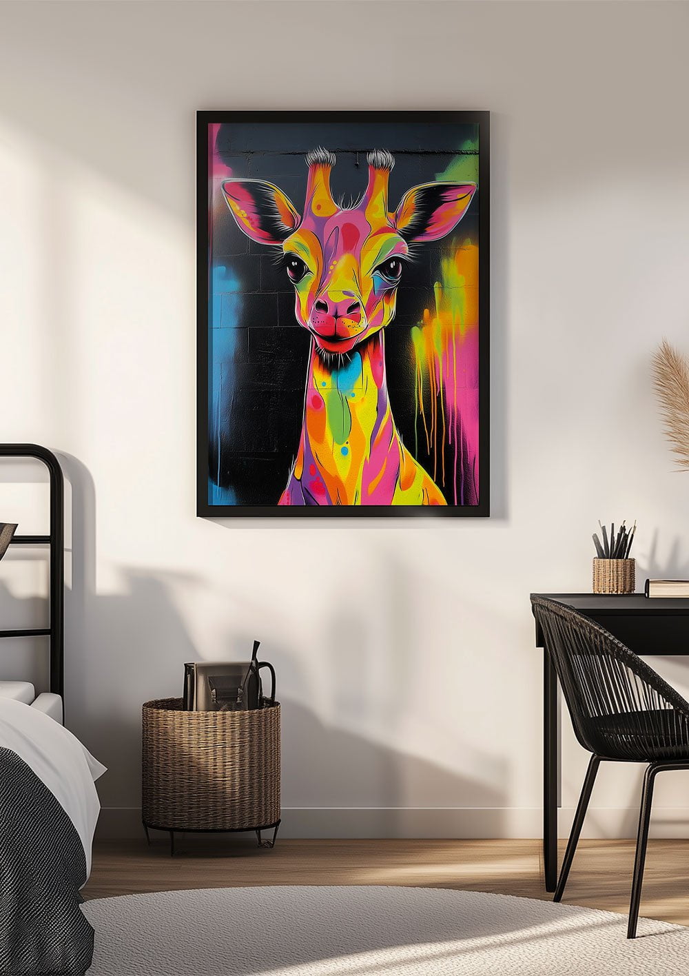 Affiche street-art d'un graffiti représentant une girafe aux couleurs pop encadrée dans une chambre.