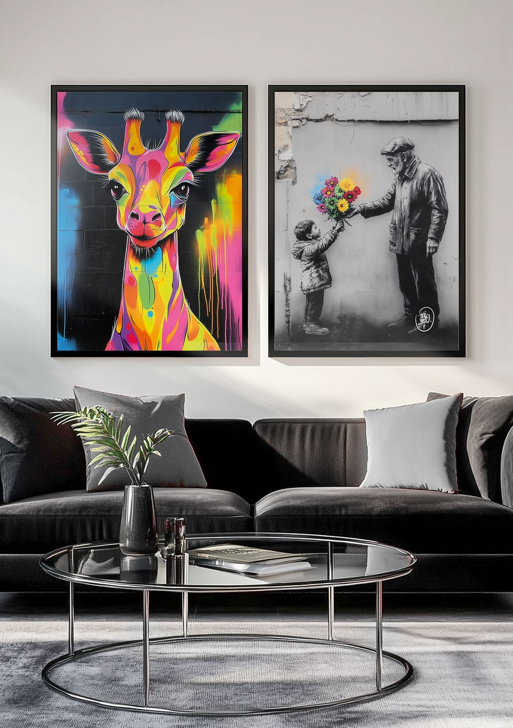 Deux posters street-art dans des cadres noirs sur le mur d'un salon design.