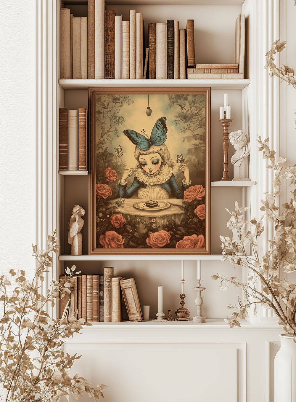 Affiche de la marquise bleue encadrée sur une étagère dans une décoration cabinet de curiosités blanche
