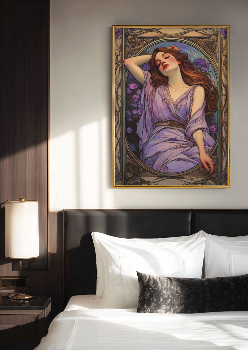 Poster art deco 1930 de la nymphe exposé au dessus d'un lit