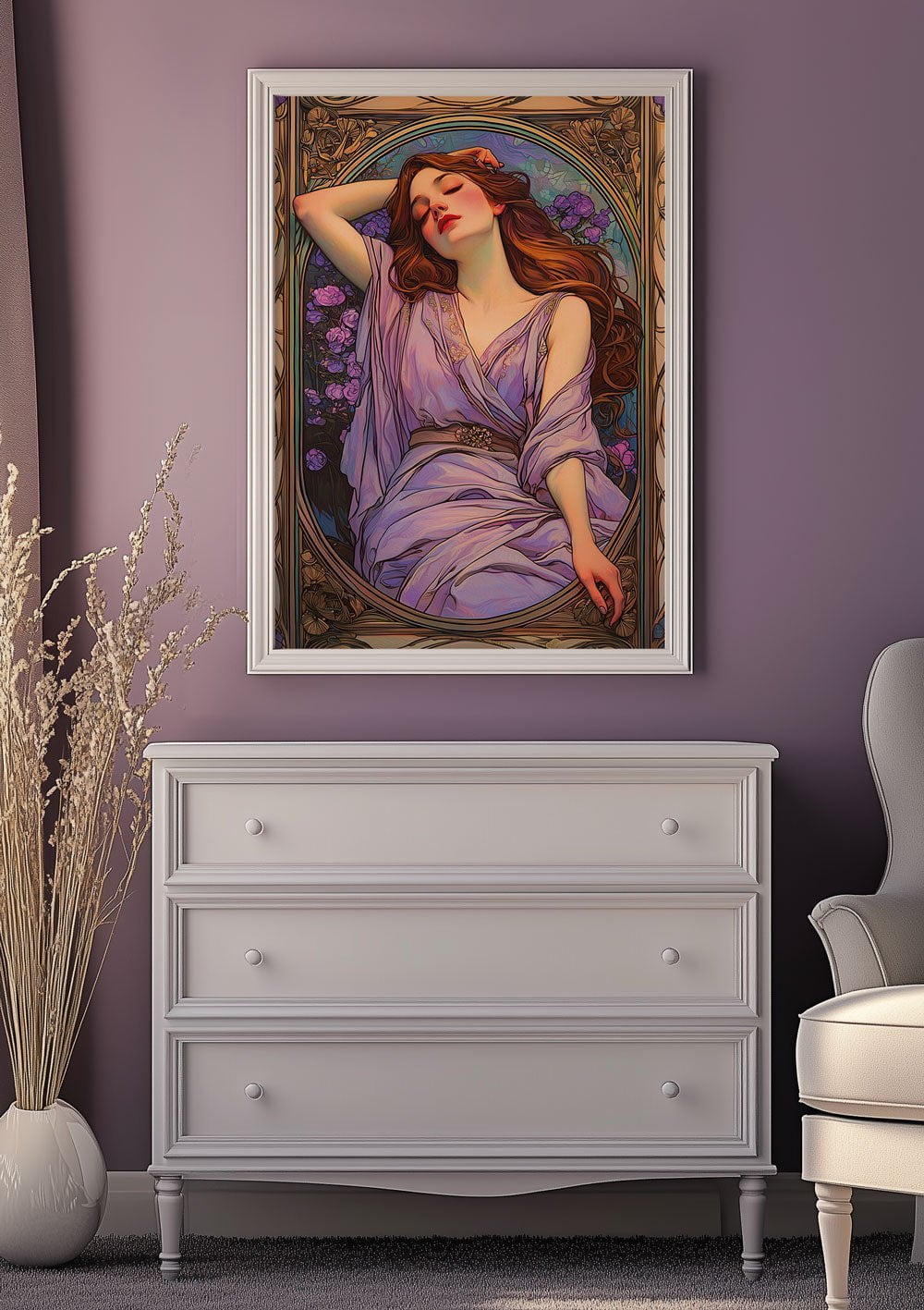 Poster de La Nymphe encadrée au dessus d'un meuble.