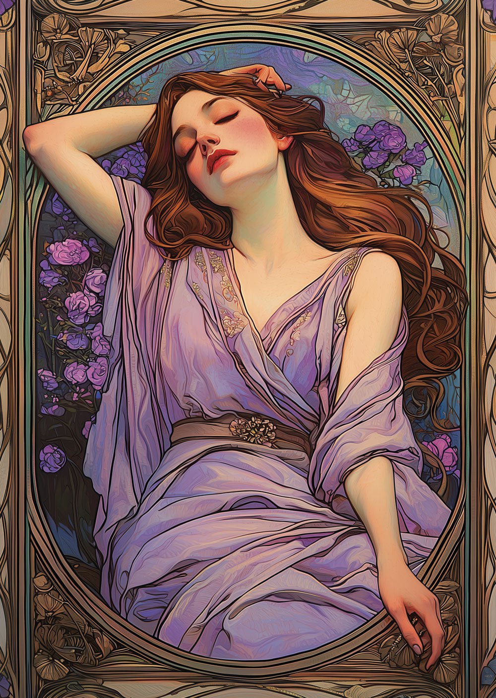 Affiche art déco 1930 d'une nymphe habillée d'un drapé violet, sur fond de fleurs.
