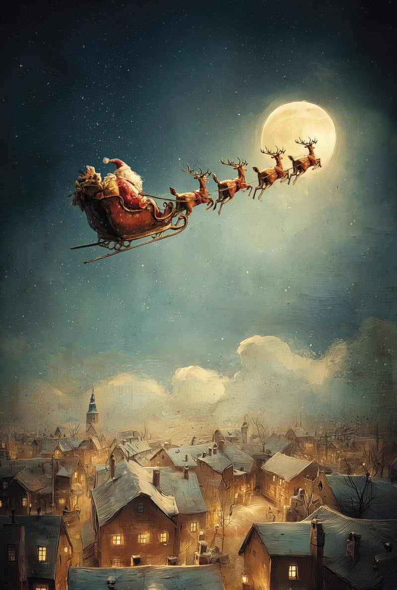 Format 40x60 cm du poster de noel représentant le père noel et ses rennes dans le ciel