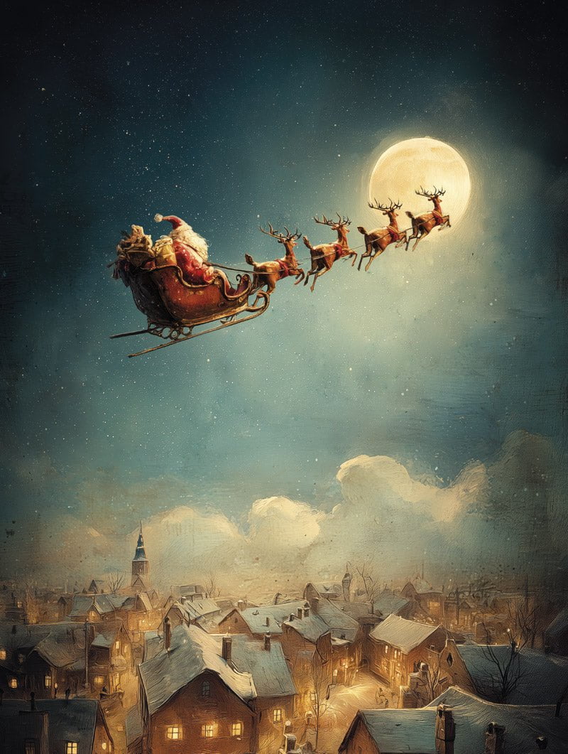 Poster de noel d'une peinture du père noel sur son traineau avec ses rennes en format 30x40