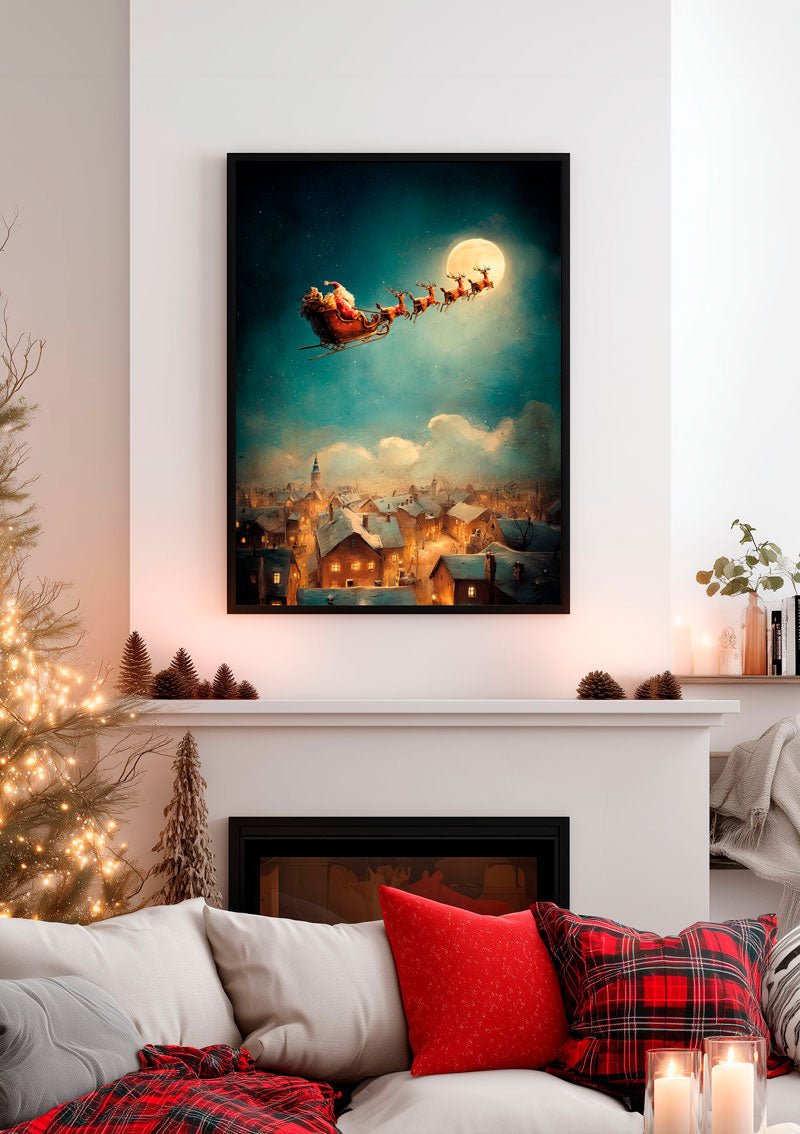 Affiche de noel du père noel sur son traineau et ses rennes mise en situation dans un salon