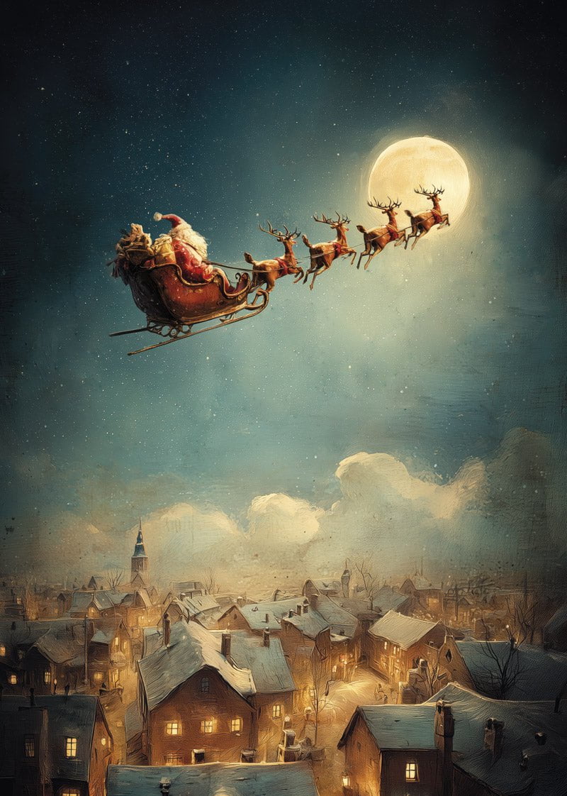 Affiche de noel d'une peinture illustrée du pere noel dans son traineau avec ses rennes survolant la ville