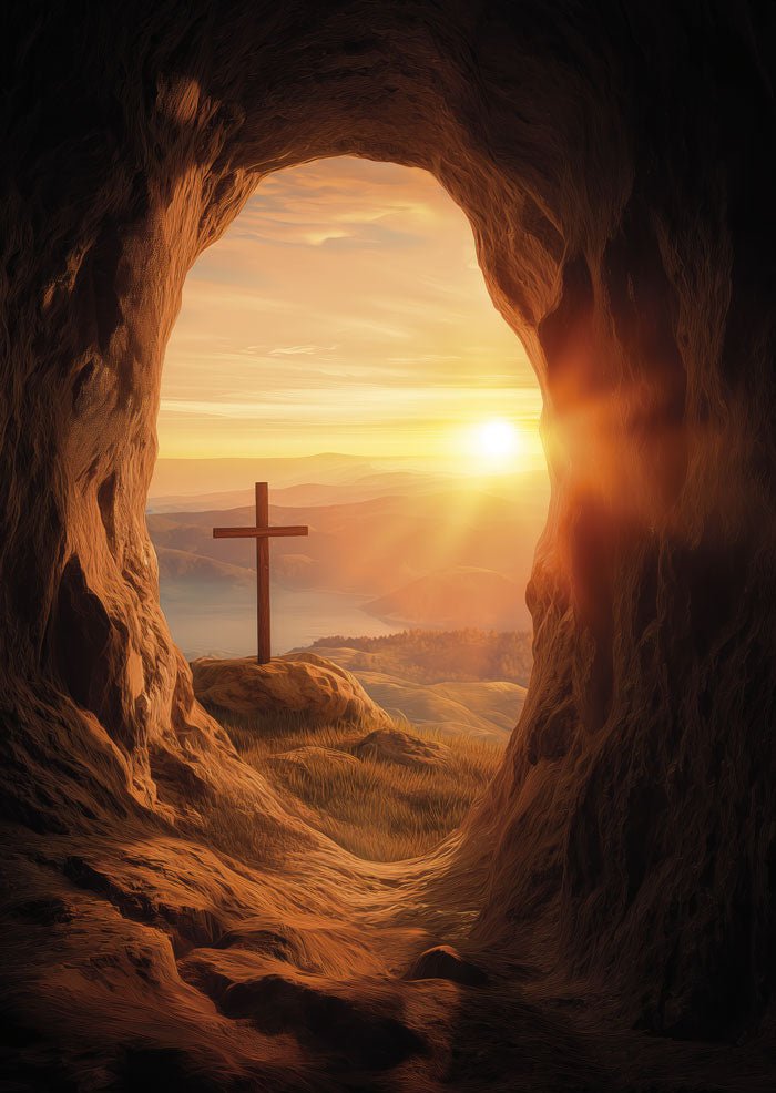 Affiche chrétienne d'une croix vu depuis l'entrée d'une grotte devant un coucher de soleil