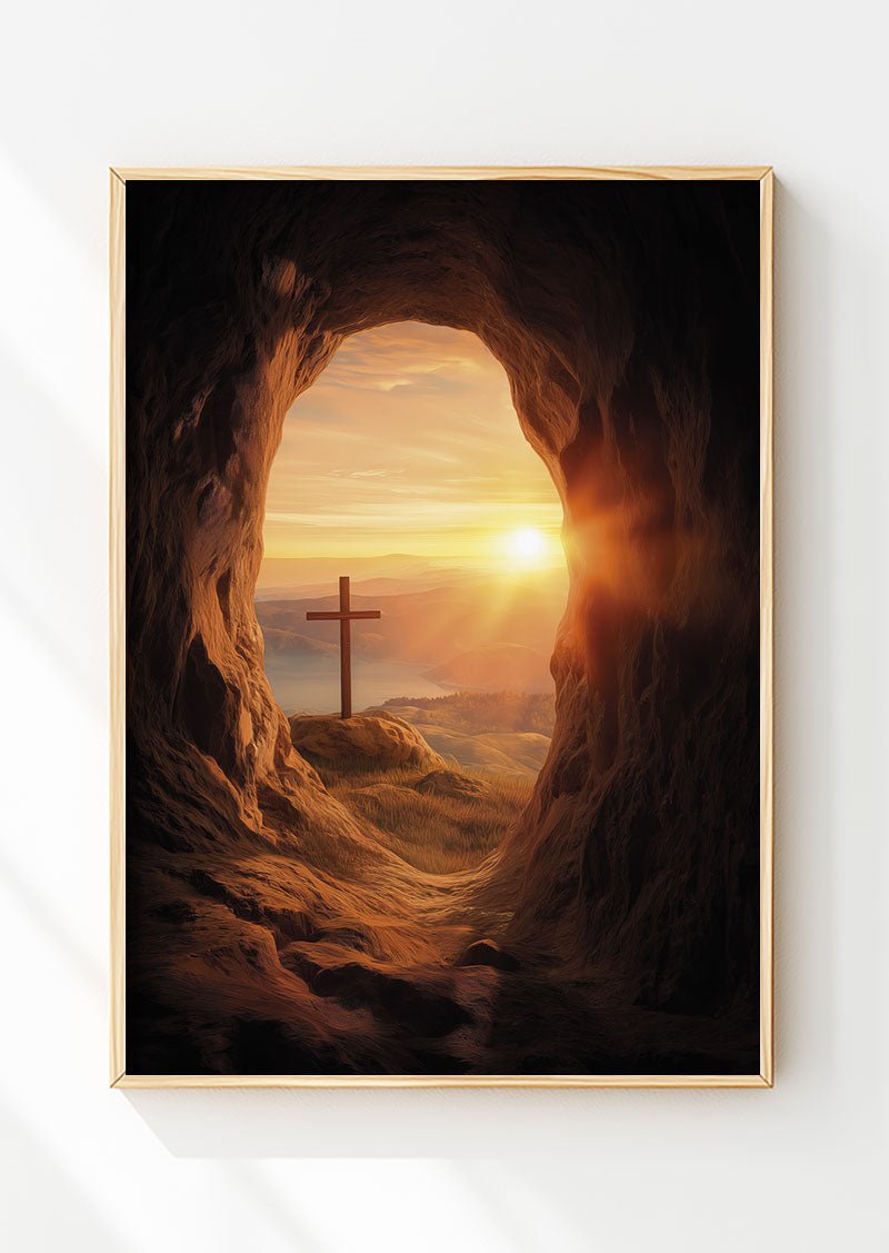 Affiche chrétienne d'une croix au coucher du soleil, vu d'une grotte, dans un cadre en bois
