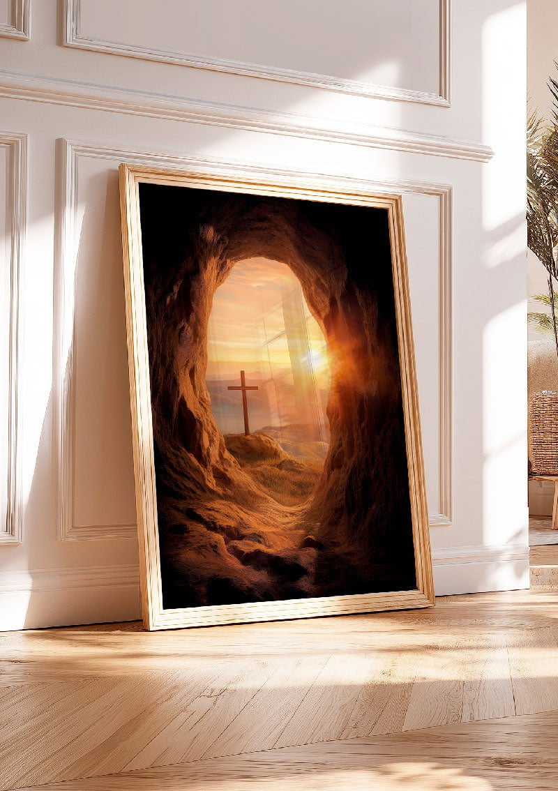 Affiche chrétienne la croix au coucher du soleil, dans un cadre en bois posé au sol