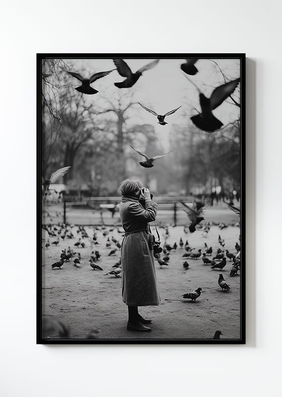 affiche photographie noir et blanc d'une dame prenant en photo des pigeons dans un cadre noir