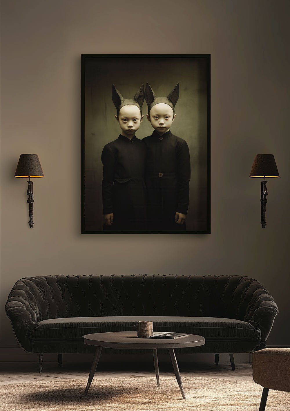 Affiche d'une photo sépia de 2 enfants siamois, encadrée dans une décoration cabinet de curiosités.
