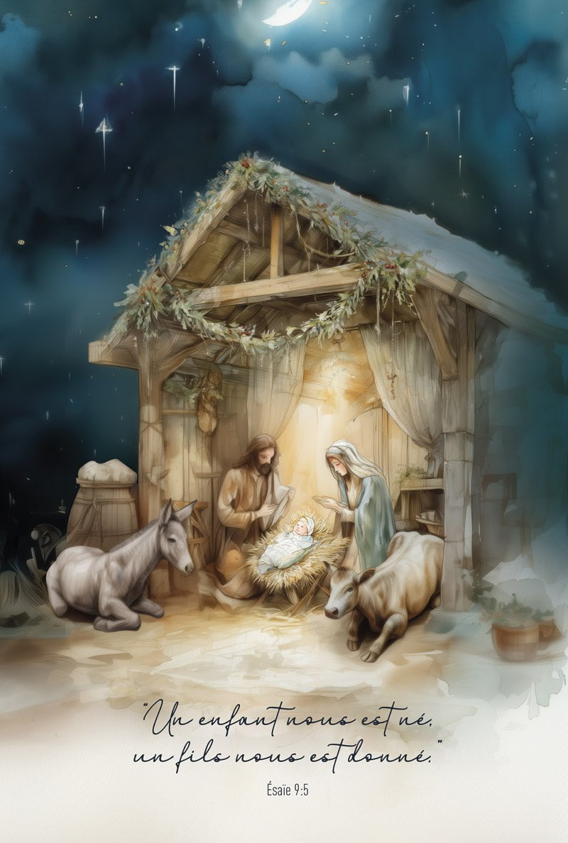 Poster chrétien nativité de noël réalisée à l'aquarelle en format 40x60cm