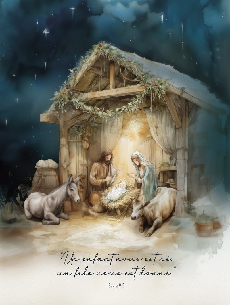 Poster chrétien aquarelle de la nativité, scène de noël, en format 30x40cm