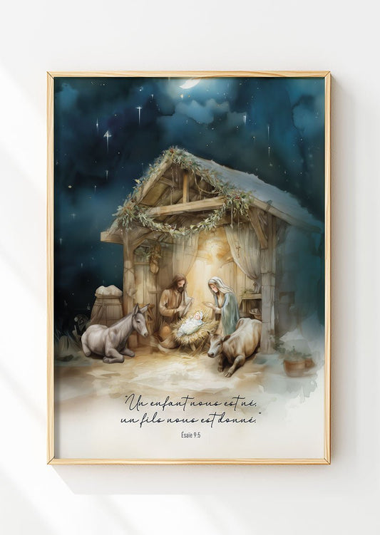 Affiche de noël réalisée à l'aquarelle représentant la nativité avec verset bible, dans un cadre en bois