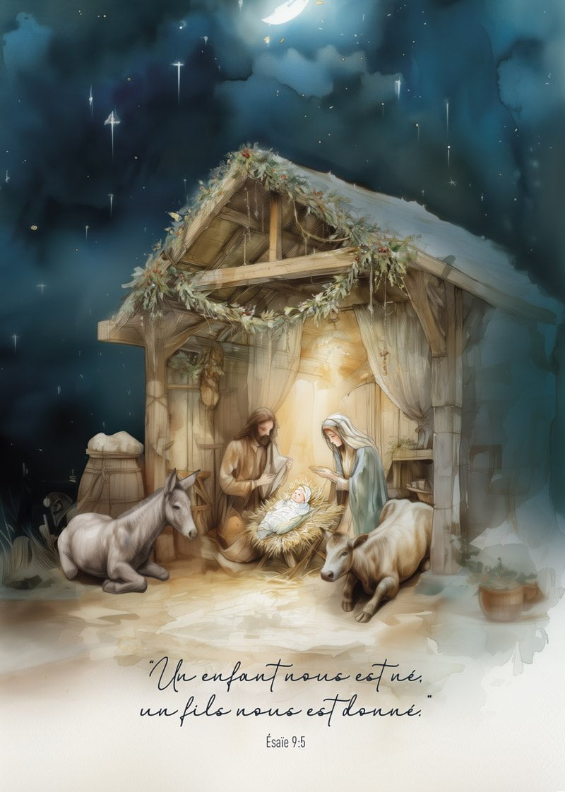 Affiche de Noël illustration chrétienne de la nativité avec verset biblique Esaïe 9:5