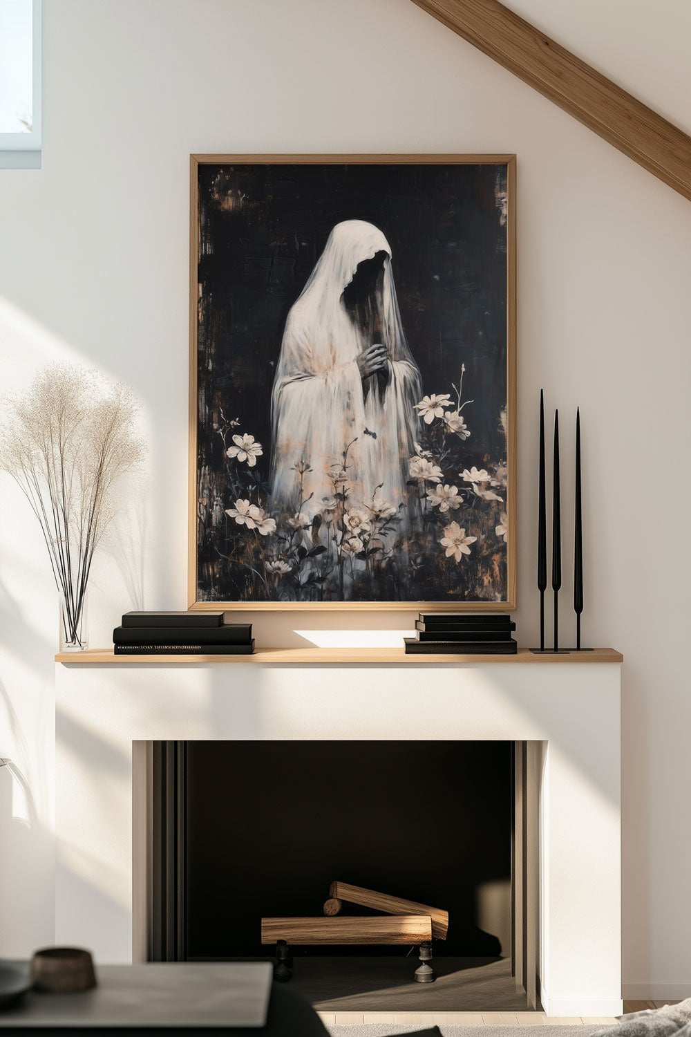 L'affiche représentant une madone encadrée dans une décoration cabinet de curiosités.