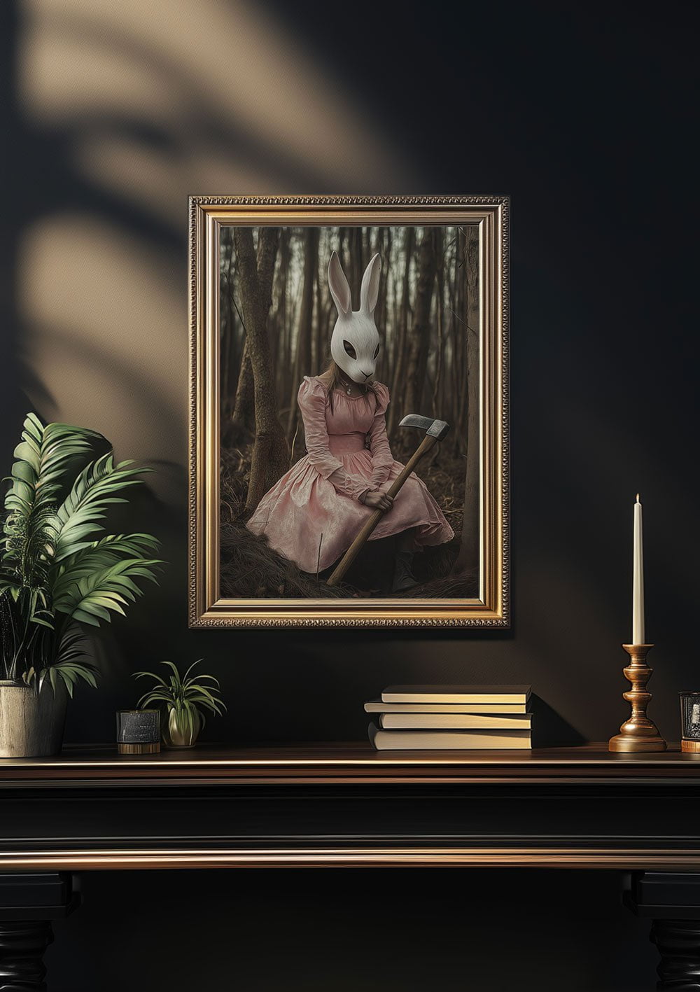 Affiche horreur d'une femme en robe rose, encadrée dans une décoration cabinet de curiosités au mur noir.