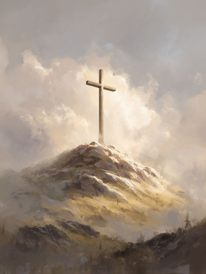 Poster religion d'une croix en bois au sommet d'une montagne en format 30x40cm
