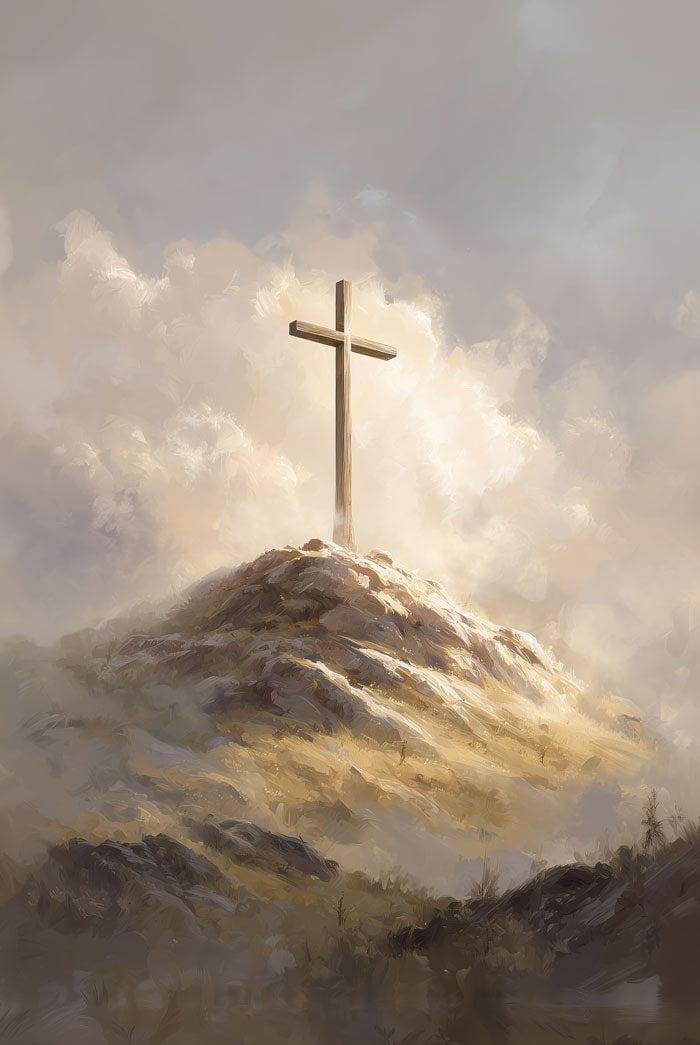 Poster religion d'une peinture d'une croix en bois au sommet d'une montagne