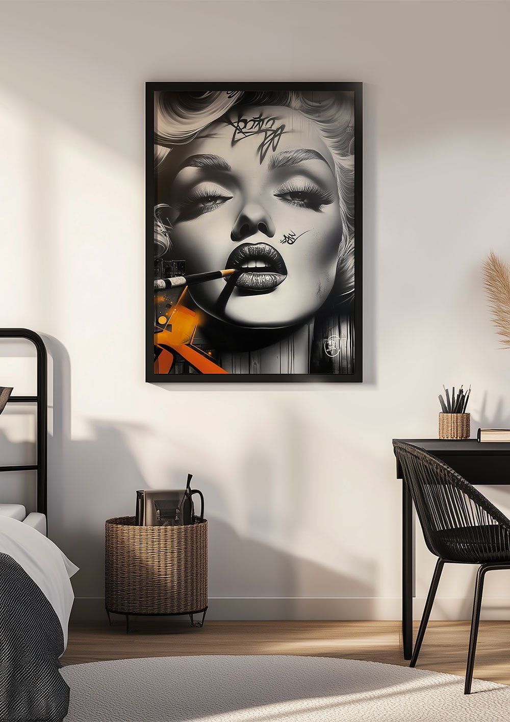Affiche Street-Art du graffiti d'une icone pop-culture encadrée dans une chambre d'ados.
