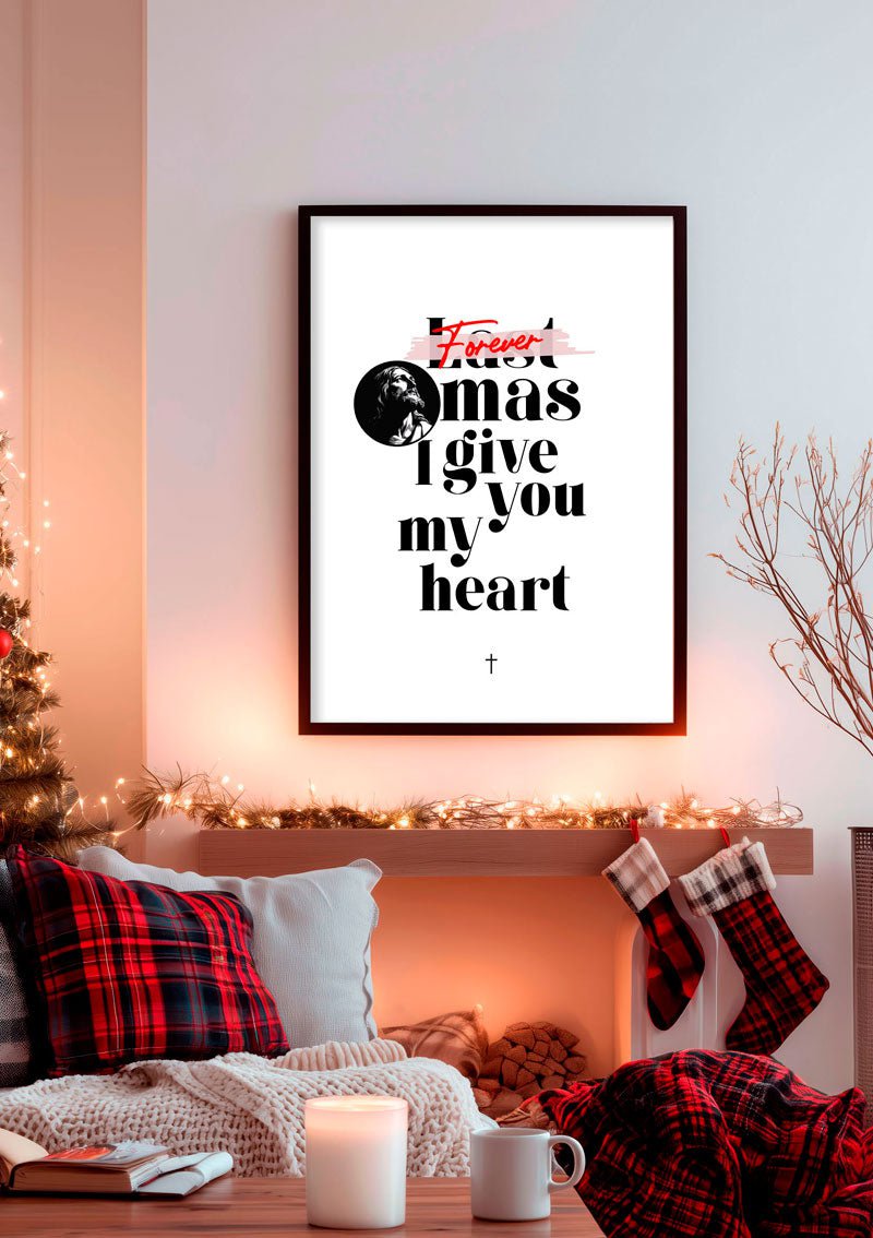 Affiche de noel typographie avec illustration de jesus christ encadrée dans un salon