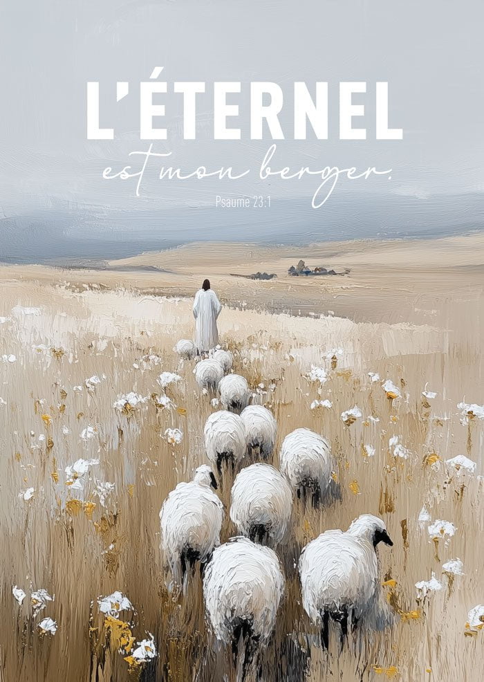 Poster chrétien d'une peinture avec verset bible de jésus et ses moutons dans un champ