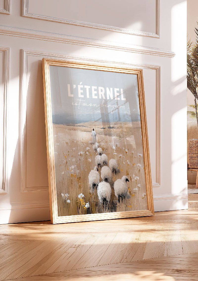 Affiche chrétienne Jesus et ses moutons avec typo, dans un cadre en bois posé au sol