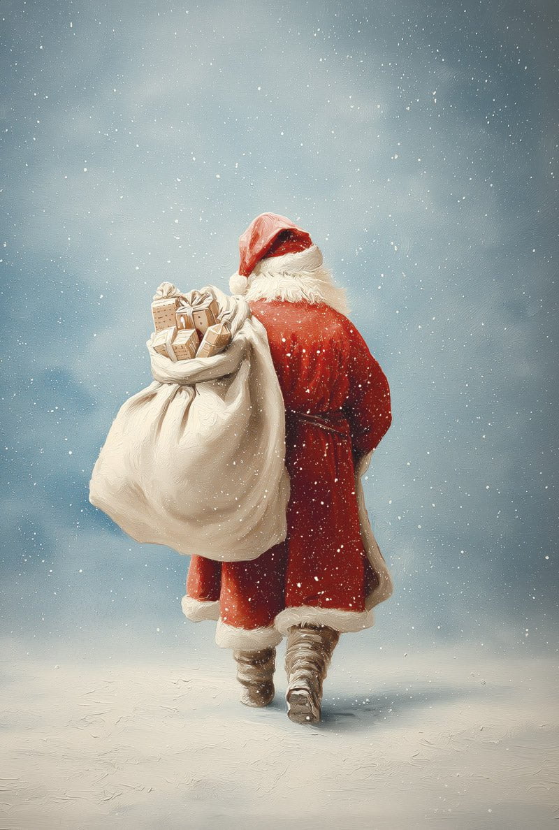 Poster noel du père noel marchant dans la neige avec sa hotte rempli de cadeau en format 40x60